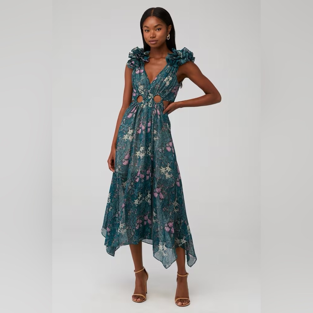 Elliatt kristen green floral ruffle detail maxi cut out dress Small